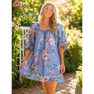 Bellambra Italy Silk Blend Blue Floral Puff Sleeve Mini Dress‎ Tunic Small X5